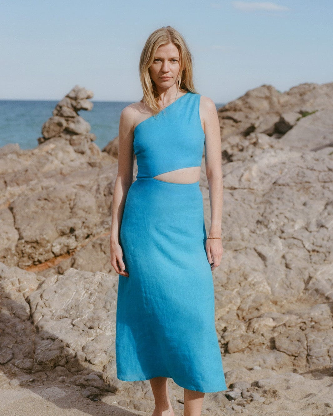 The Ava Asymmetric Maxi Dress in Ice Blue