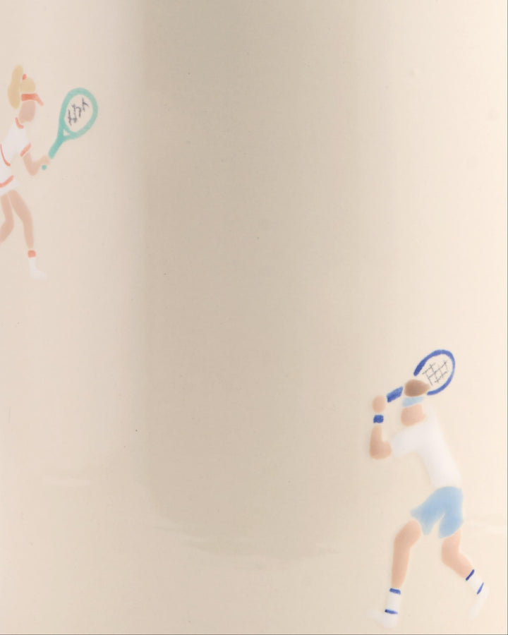 Illustration of a tennis player holding a racket on a beige background
