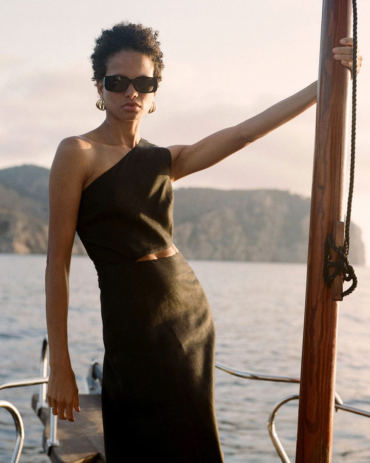 The Ava Asymmetric Maxi Dress in black