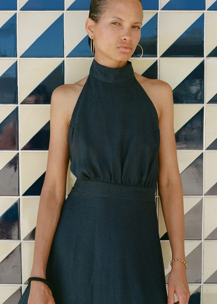 The Isi Halterneck Dress in navy blue