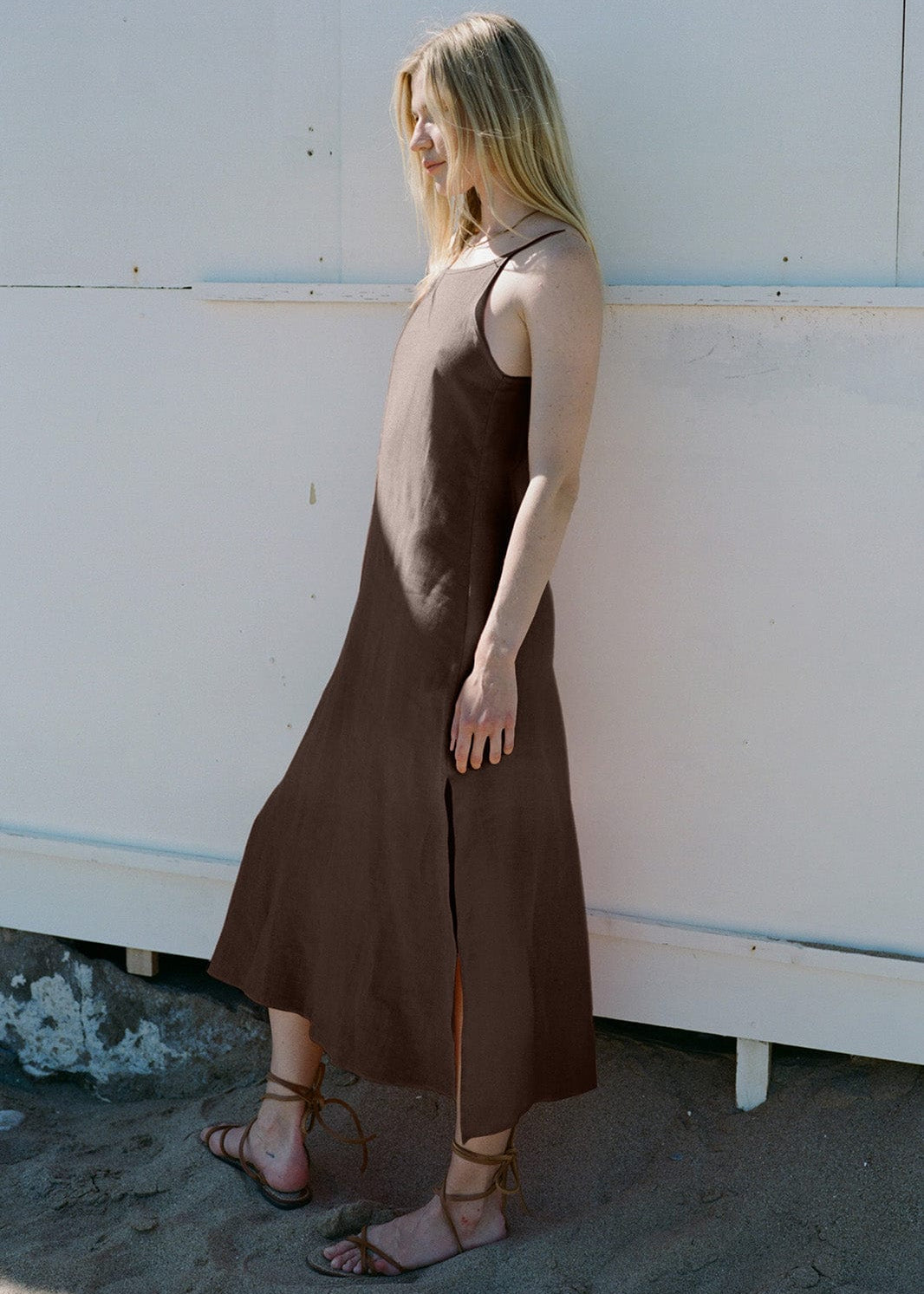 The Trude Linen Slip Dress in chocolate