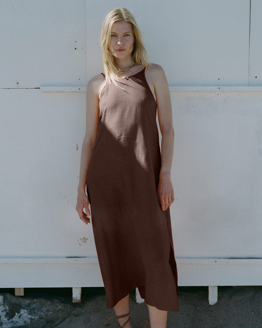 The Trude Linen Slip Dress in chocolate