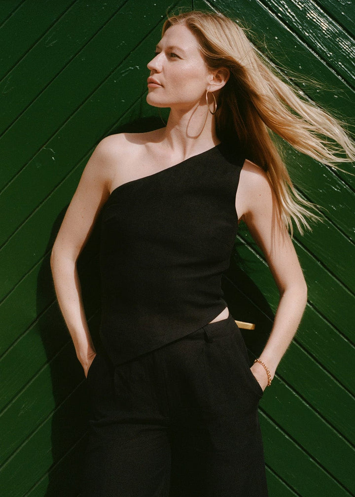 The Ava Asymmetric One-Shoulder Top in black
