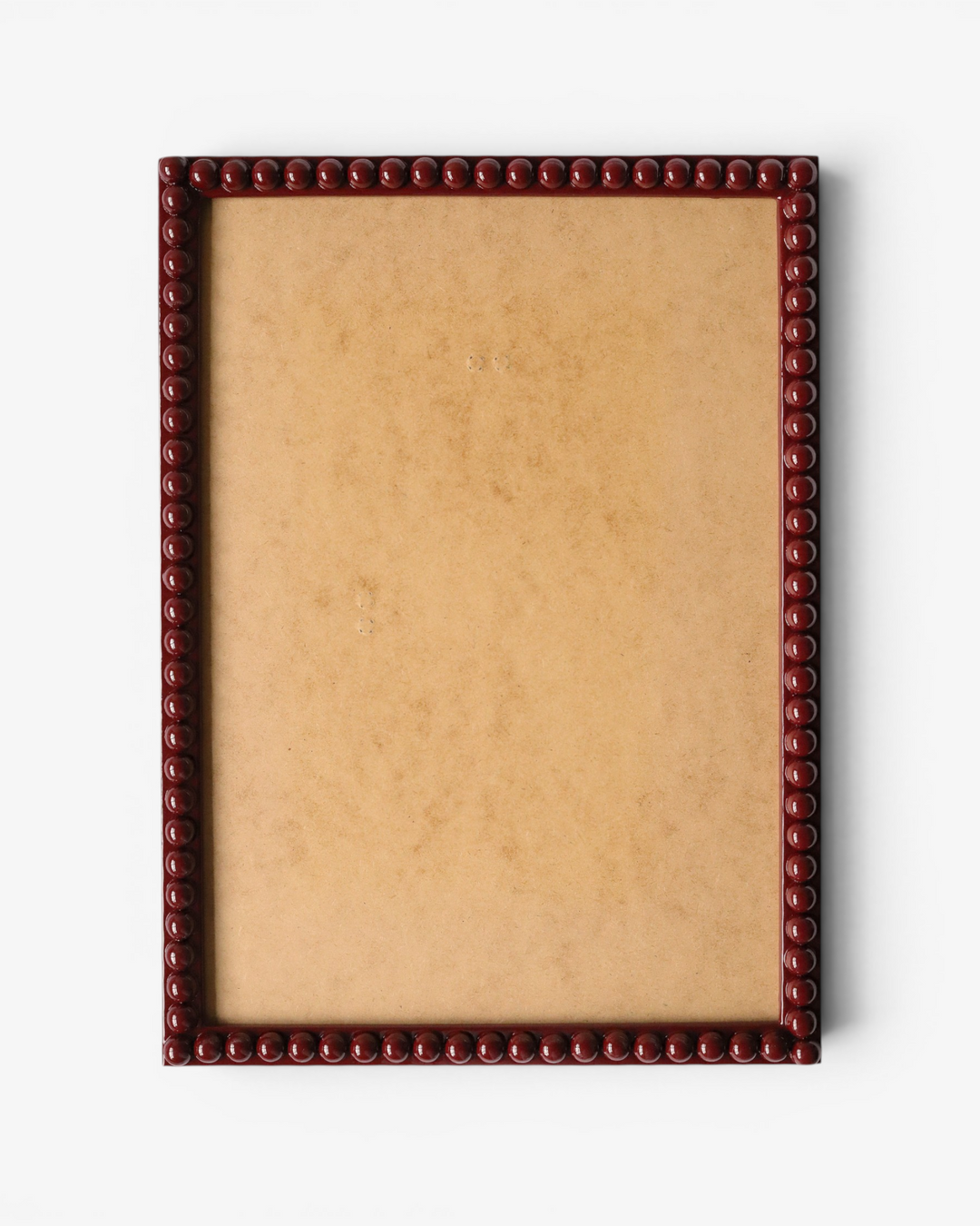 Rectangular dark red bobbin picture frame with a decorative border on a white background