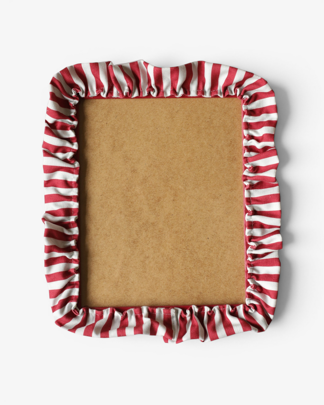 Red and white striped ruffle photo frame on a white background