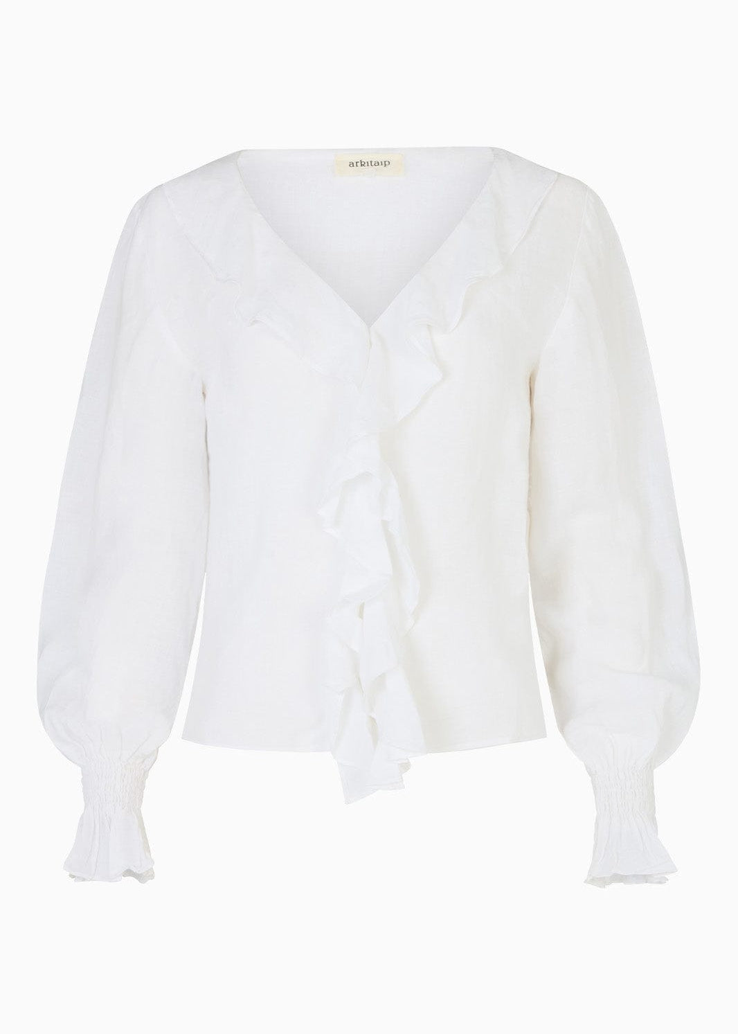 White blouse with ruffles and puff sleeves on a white background