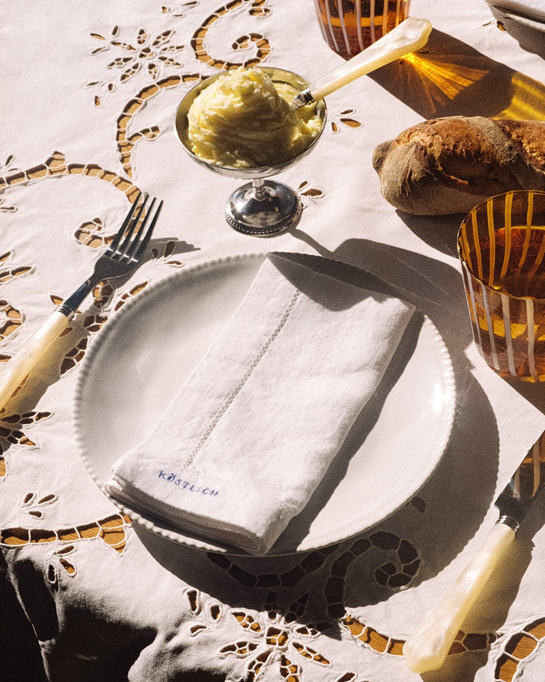 arkitaip Napkins White/Poppy Blue Gratitude Hemstitched Linen Napkins - Set of 4