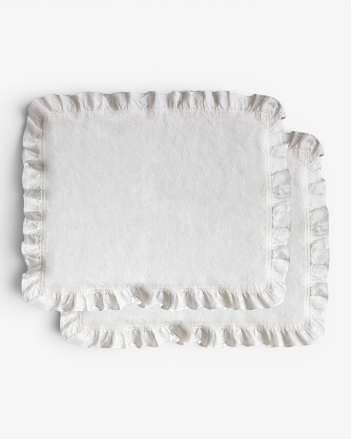 Rectangular white placemat with ruffled edge on a light gray background