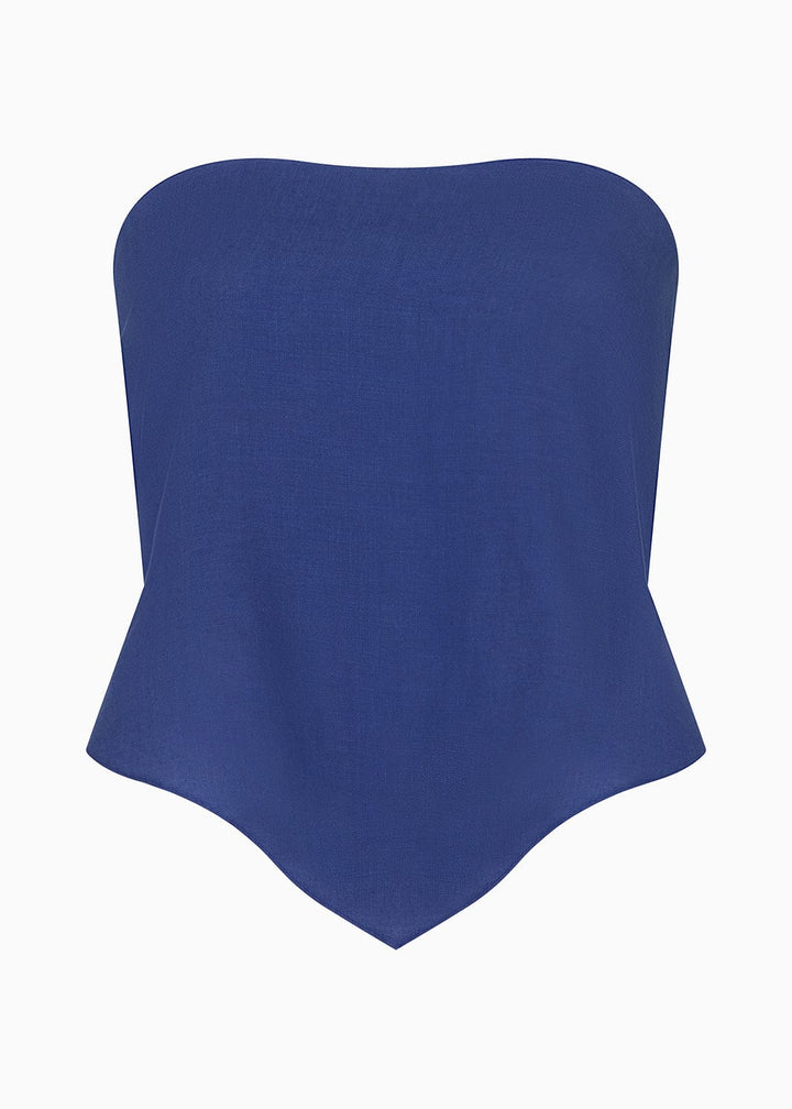 Blue strapless top on a white background