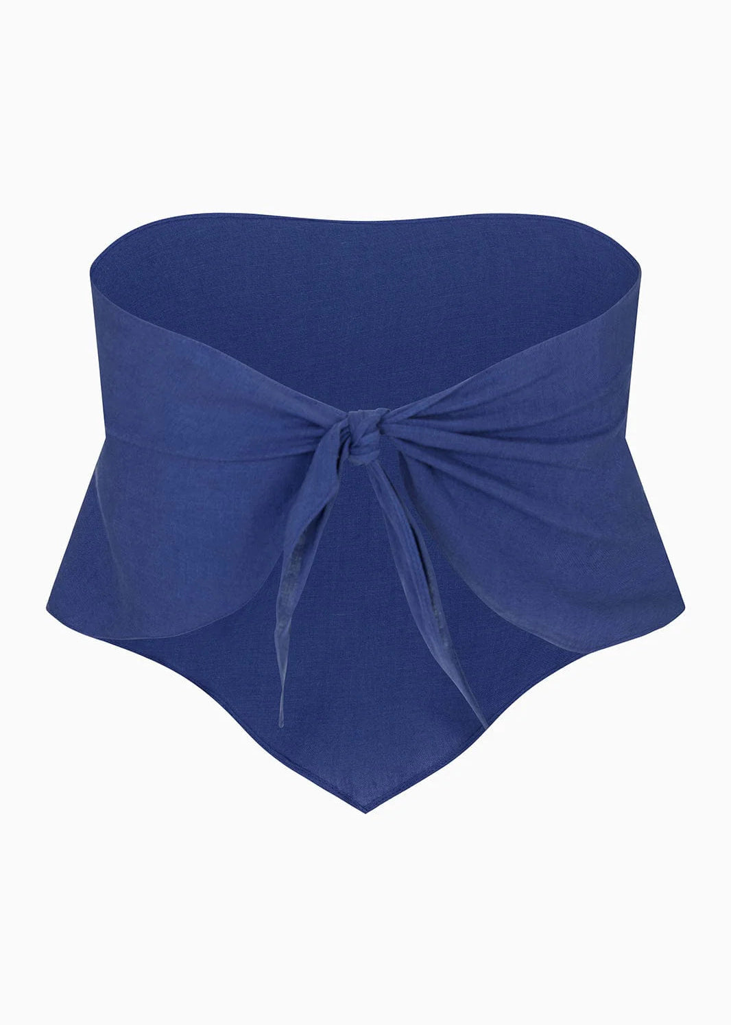 Blue bandeau top with a bow on a white background