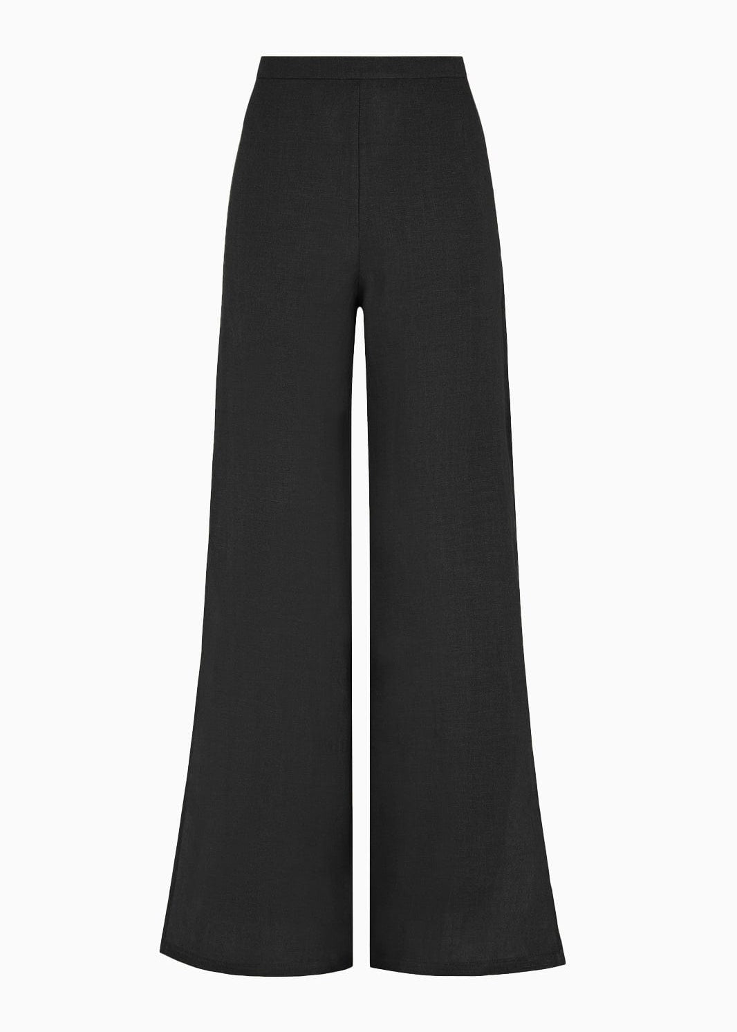 Pair of dark black trousers on a light gray background