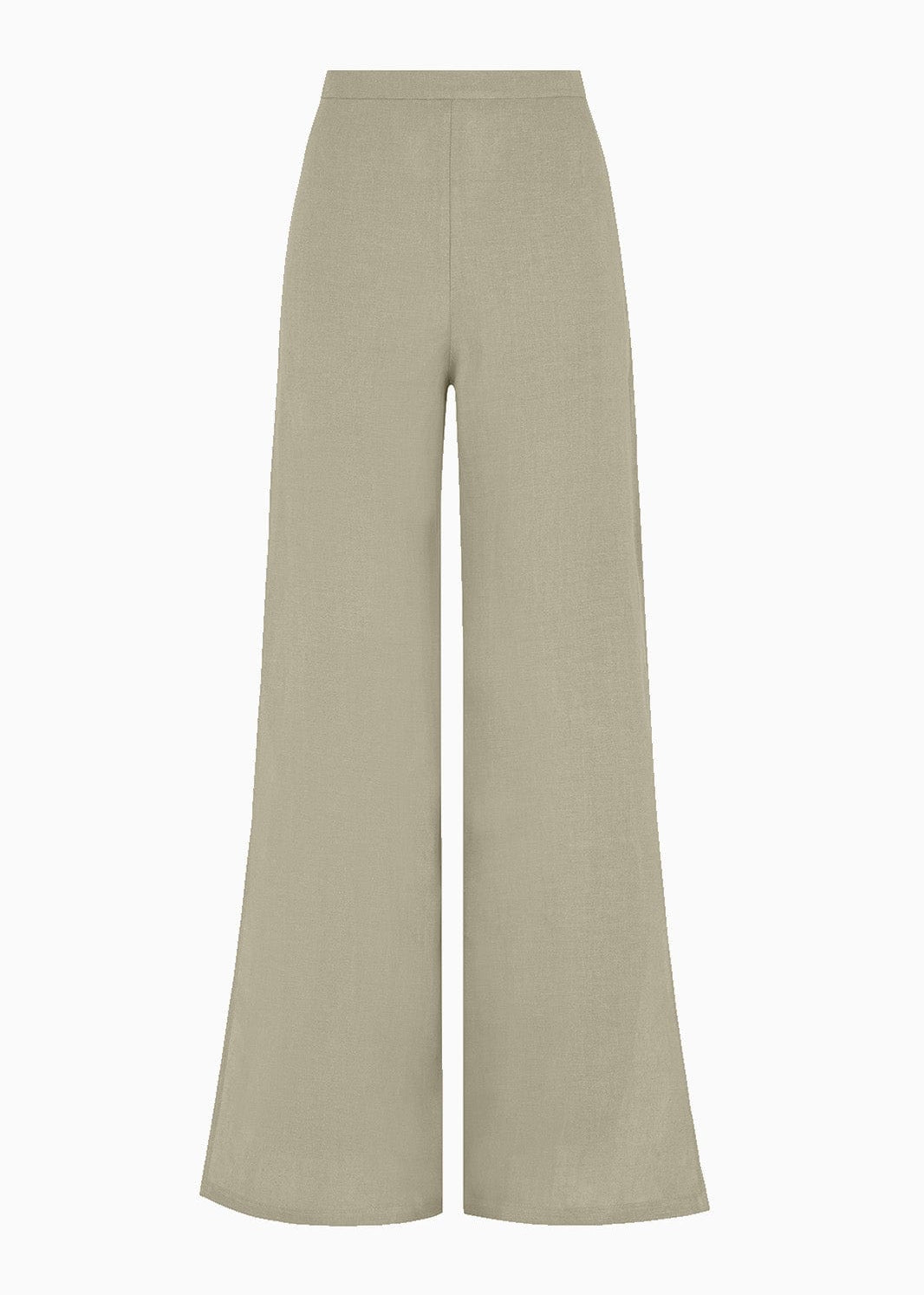 Pair of beige linen trousers on a light gray background