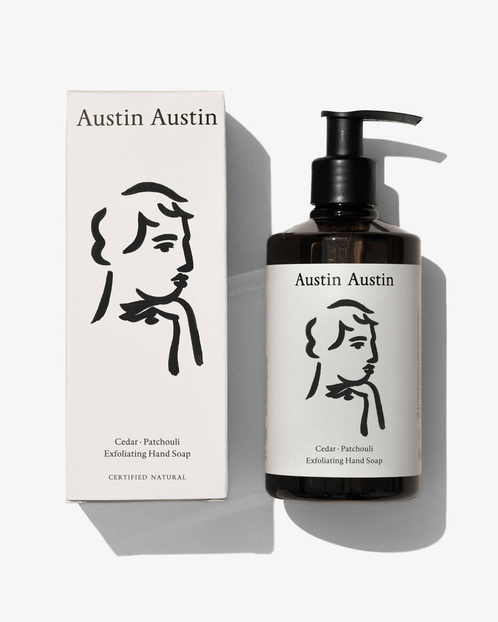 Austin Austin hand soap bottle and packaging on a white background