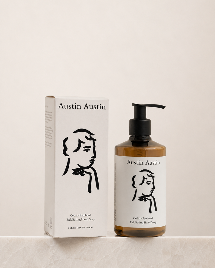 Austin Austin hand soap bottle and packaging on a beige background