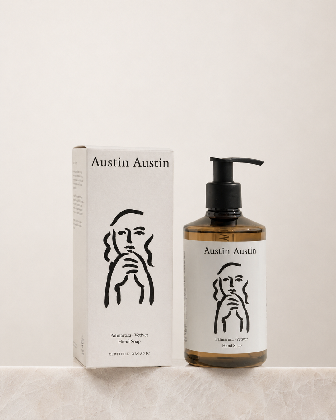 Austin Austin hand soap bottle and packaging on a white background