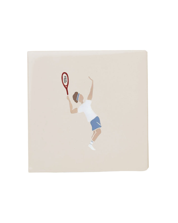 Illustration of a tennis player in action on a beige background
