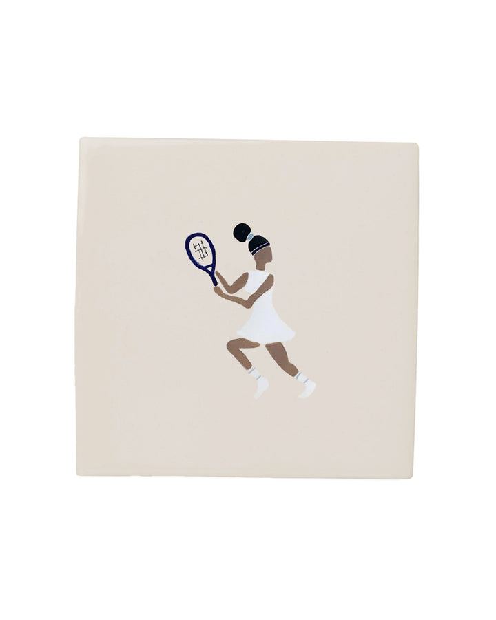 Illustration of a tennis player holding a racket on a beige background