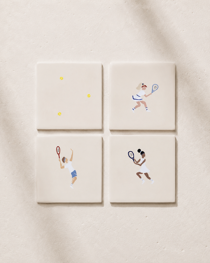 Four square coaster tiles with illustrations of a tennis player on a beige background