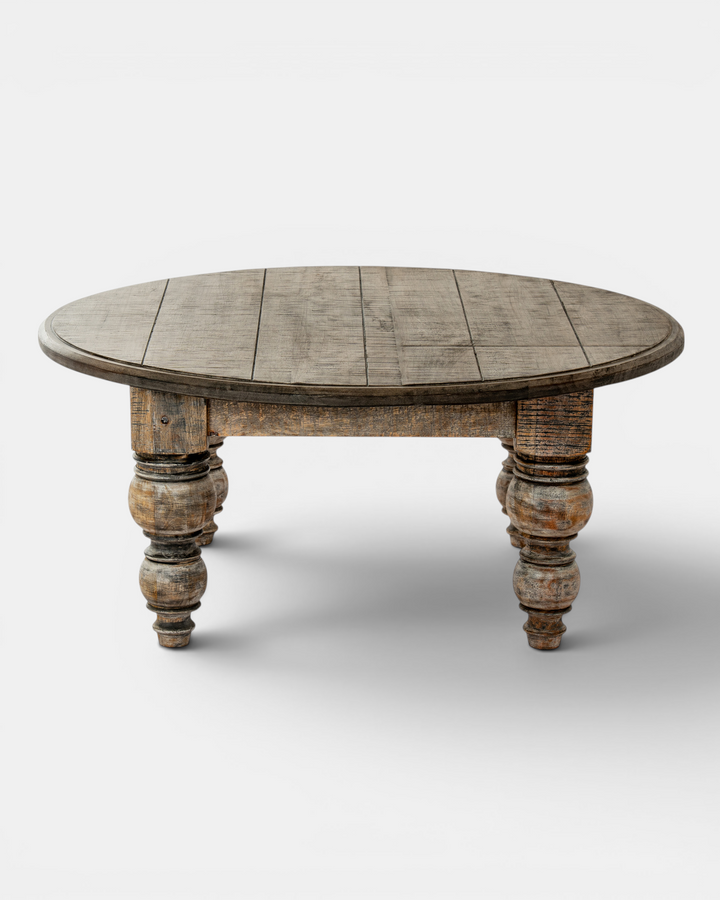 Round wooden table with turned legs on a white background