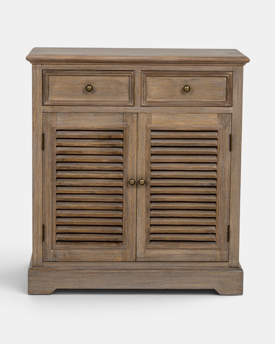 Wooden cabinet with two doors and two drawers on a white background