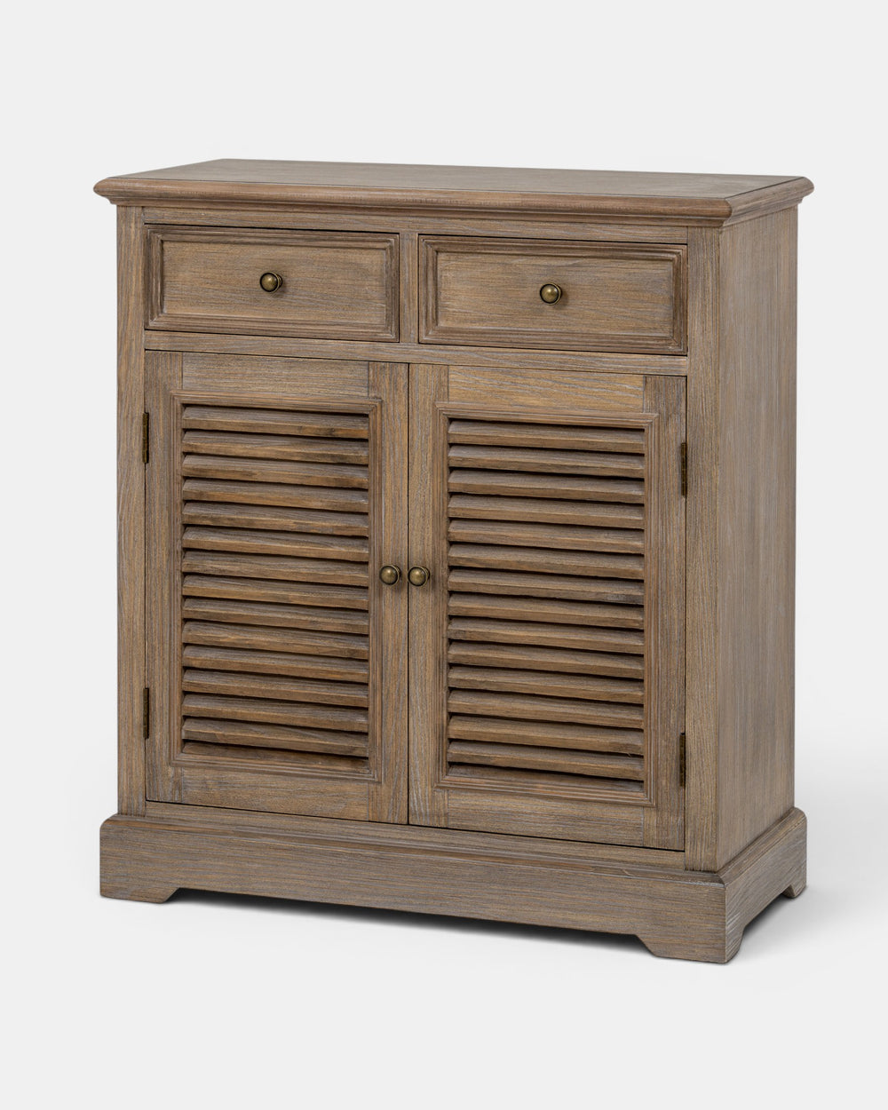 Wooden cabinet with shutter doors and drawers on a white background