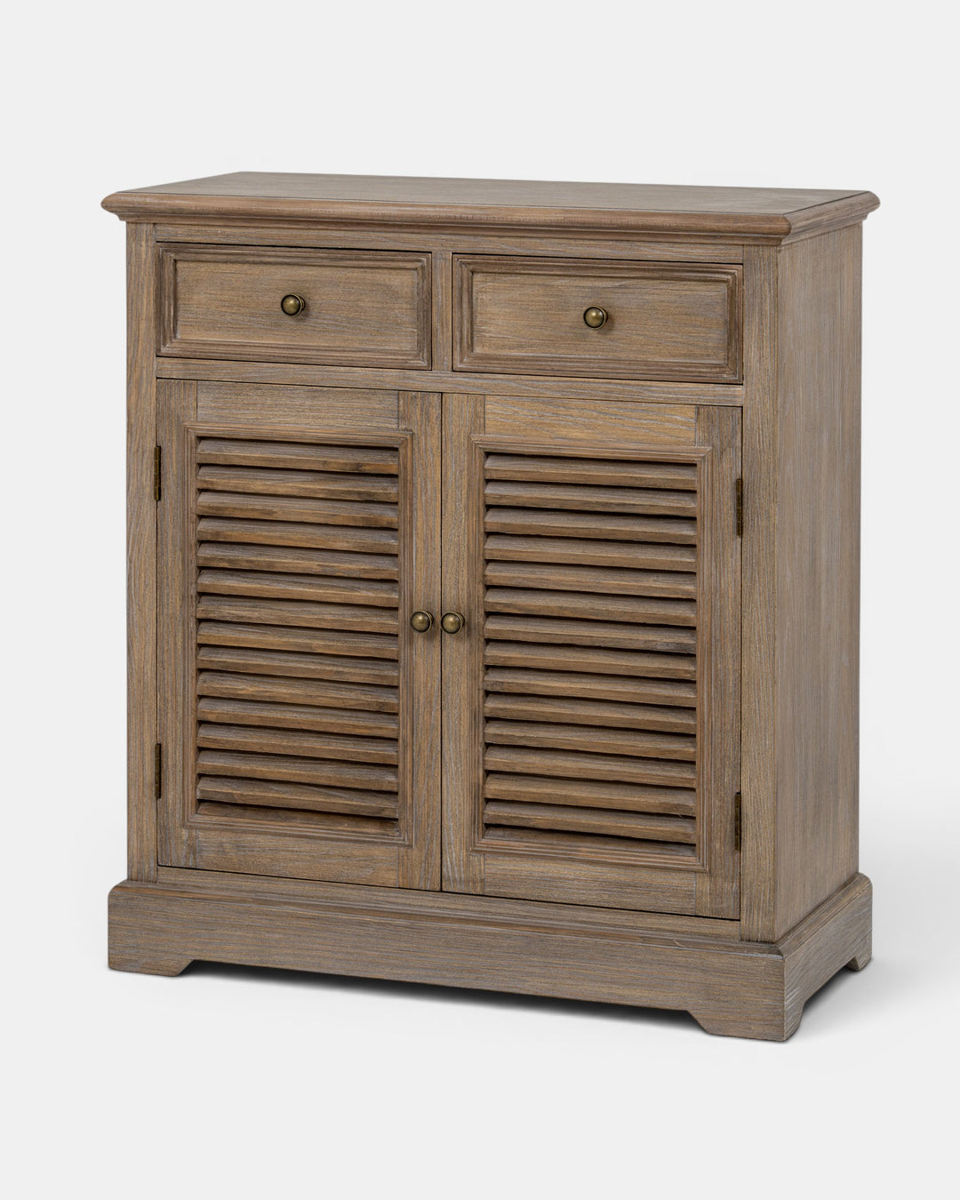 Wooden cabinet with shutter doors and drawers on a white background