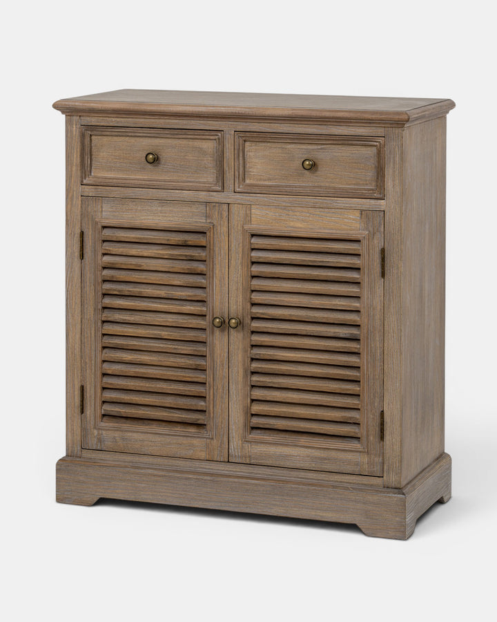 Wooden cabinet with shutter doors and drawers on a white background