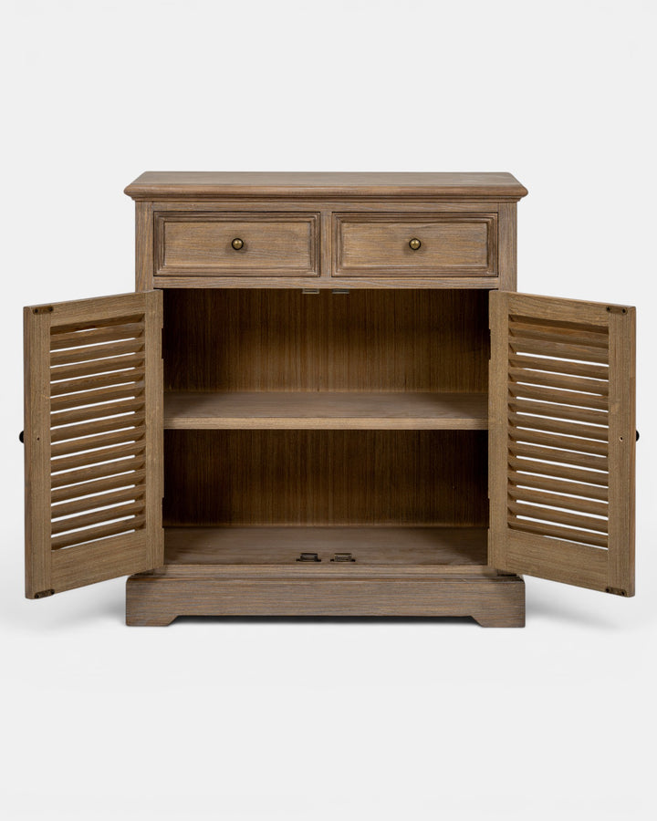 Wooden cabinet with open shutter doors on a white background
