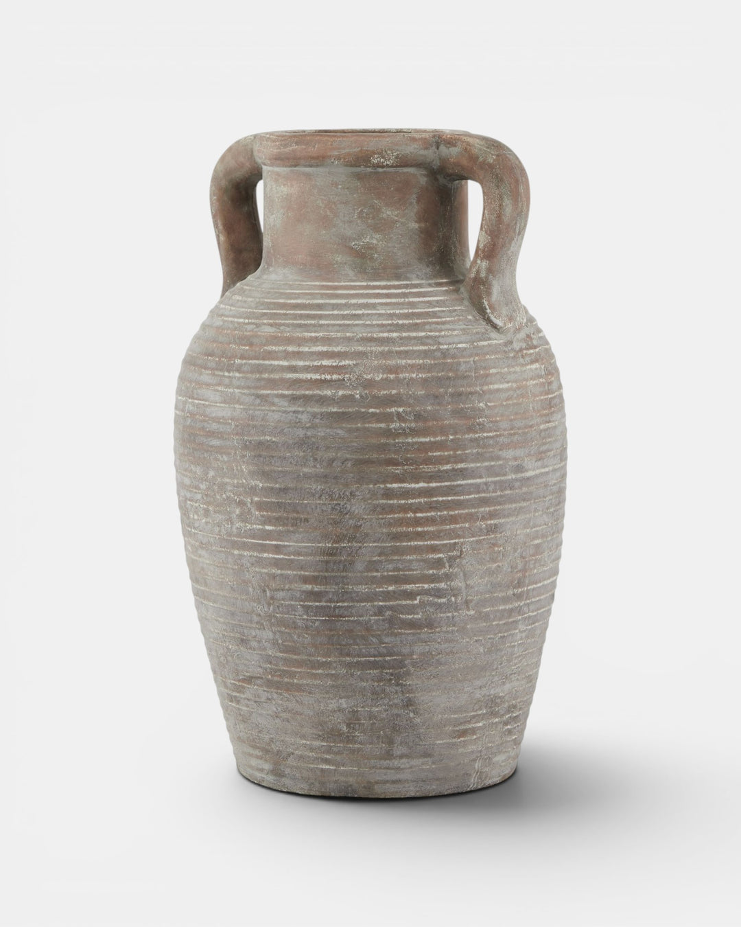 Terracotta vase with handles on a white background