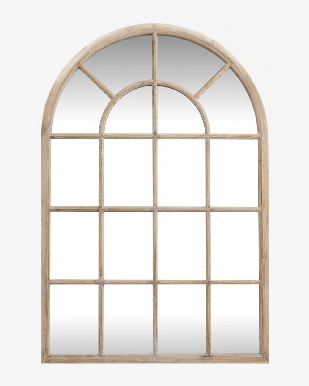 Arched window-style mirror with wooden frame on a white background