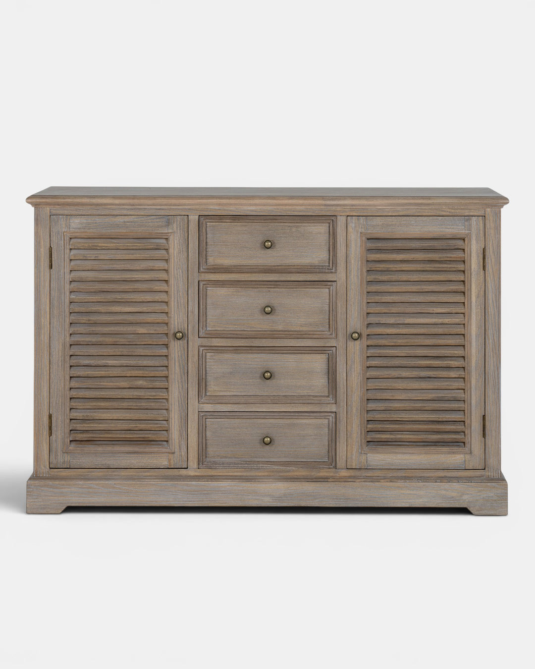 Wooden sideboard with shutters and drawers on a white background