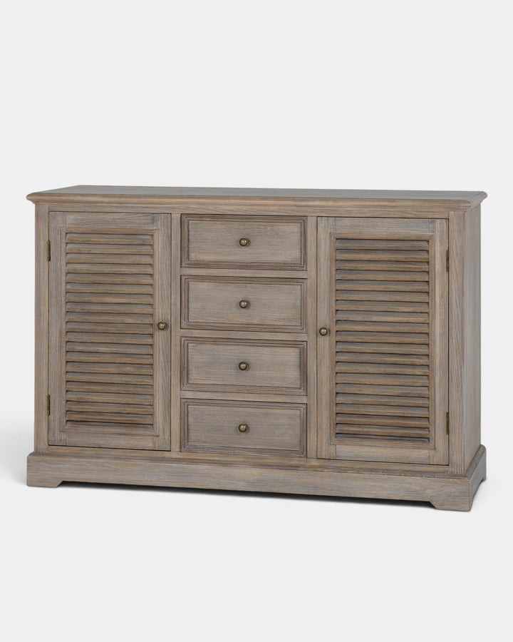 Wooden sideboard with shutters and drawers on a white background