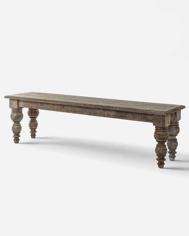 Byretto Laurel rectangular wooden bench with a rustic brown finish and traditional turned legs.