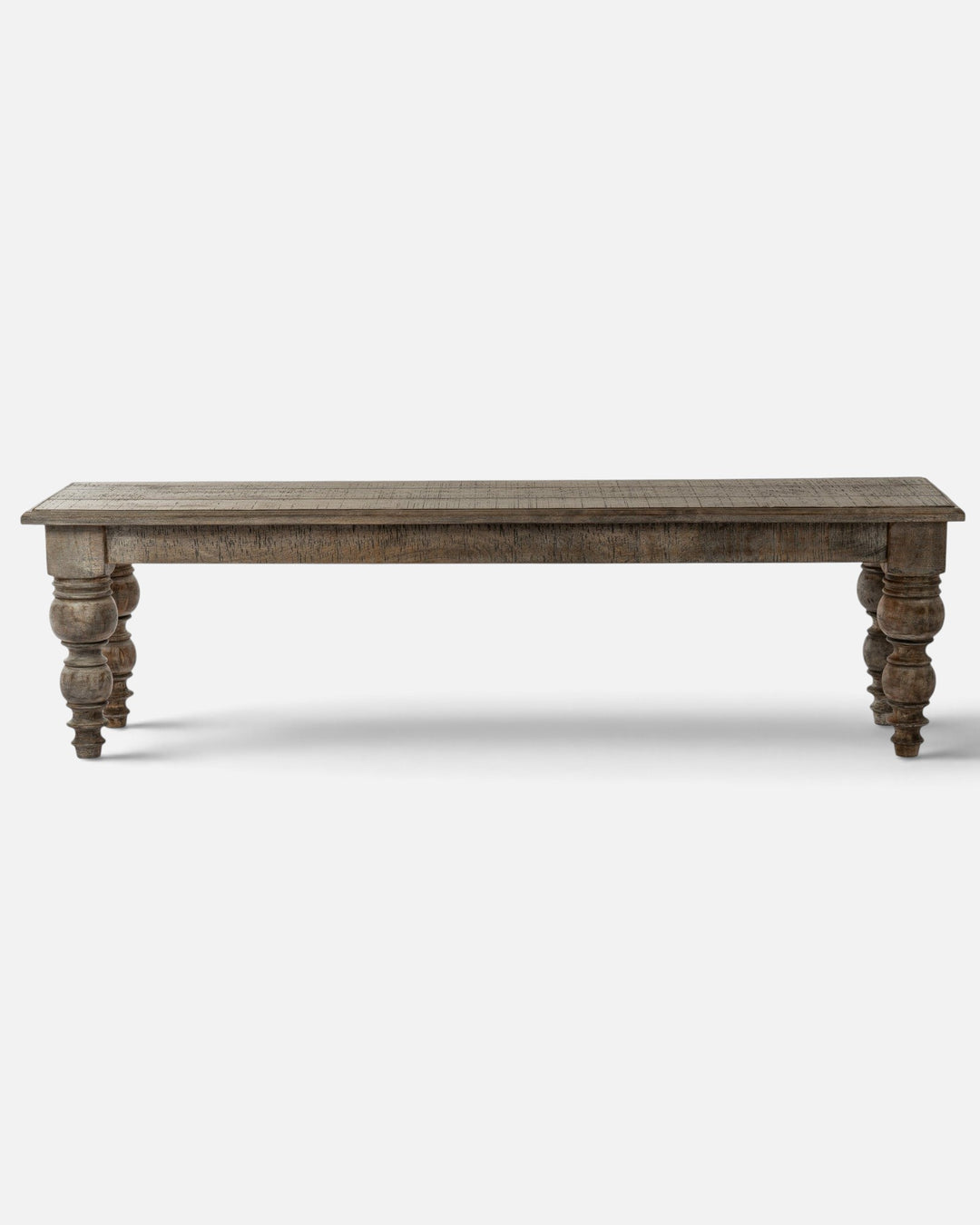 Byretto Laurel rectangular wooden bench with a rustic finish and turned legs on a white background