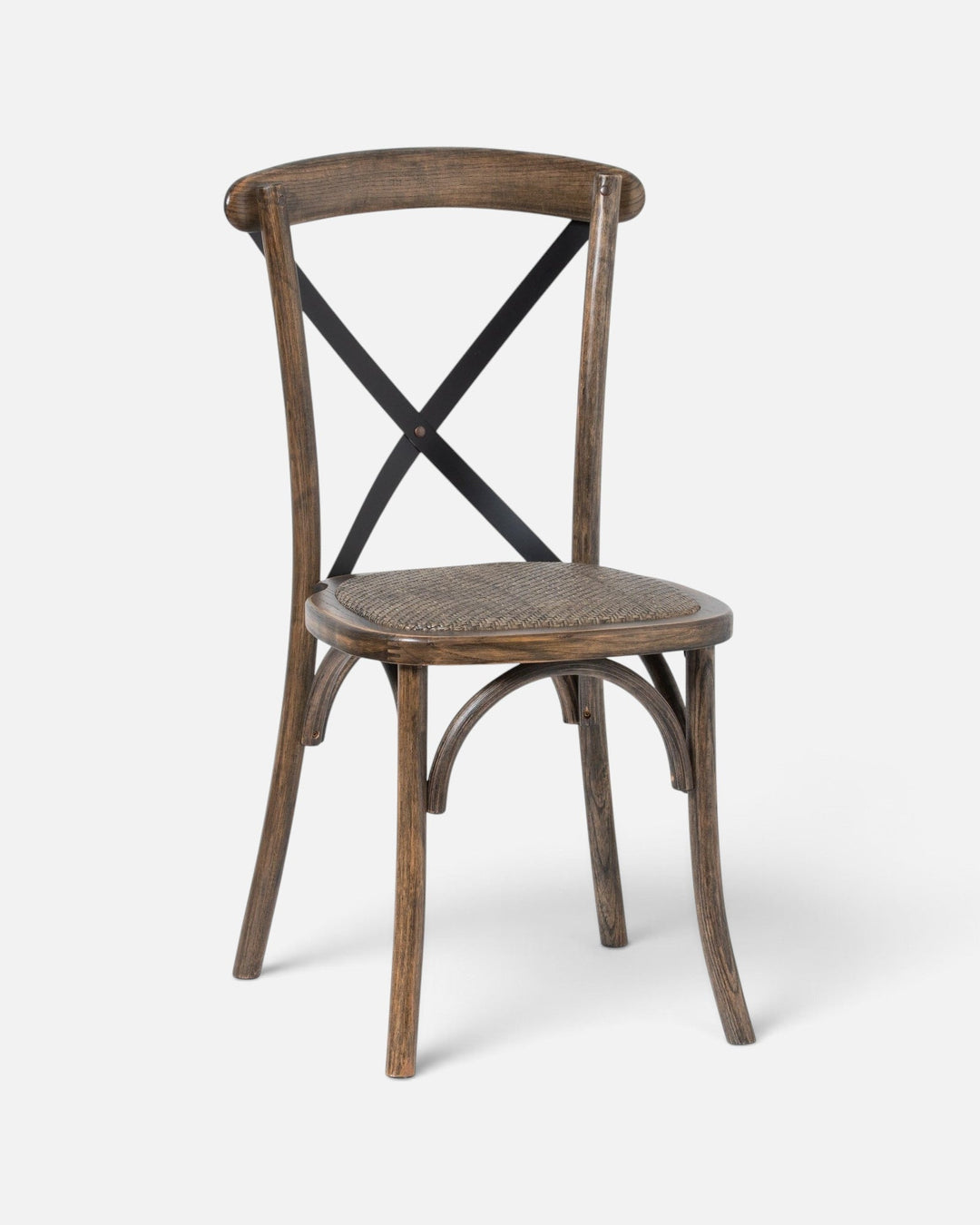 Byretto Melrose dining chair featuring a dark elm wood cross-back frame and a woven rush seat with metal detailing.