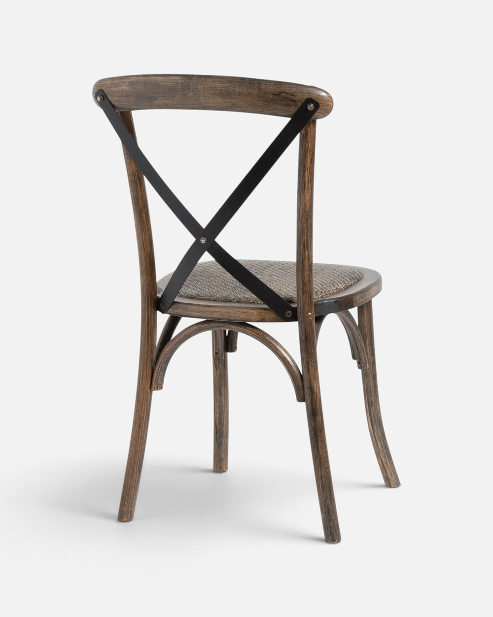 Byretto Melrose dining chair featuring a dark elm wood cross-back frame, metal detailing, and a woven rush seat.