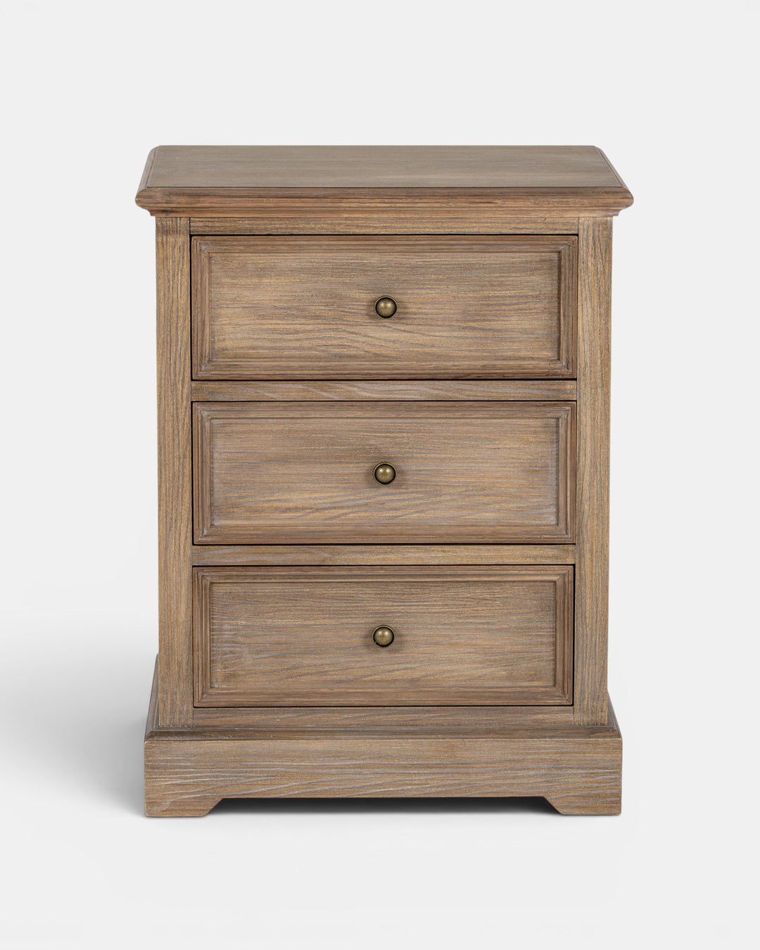 Wooden nightstand with three drawers on a white background