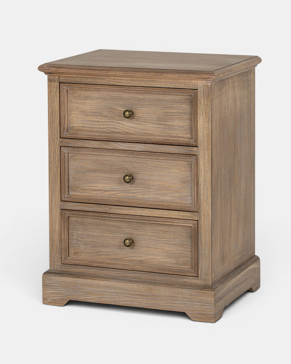 Wooden nightstand with three drawers on a white background