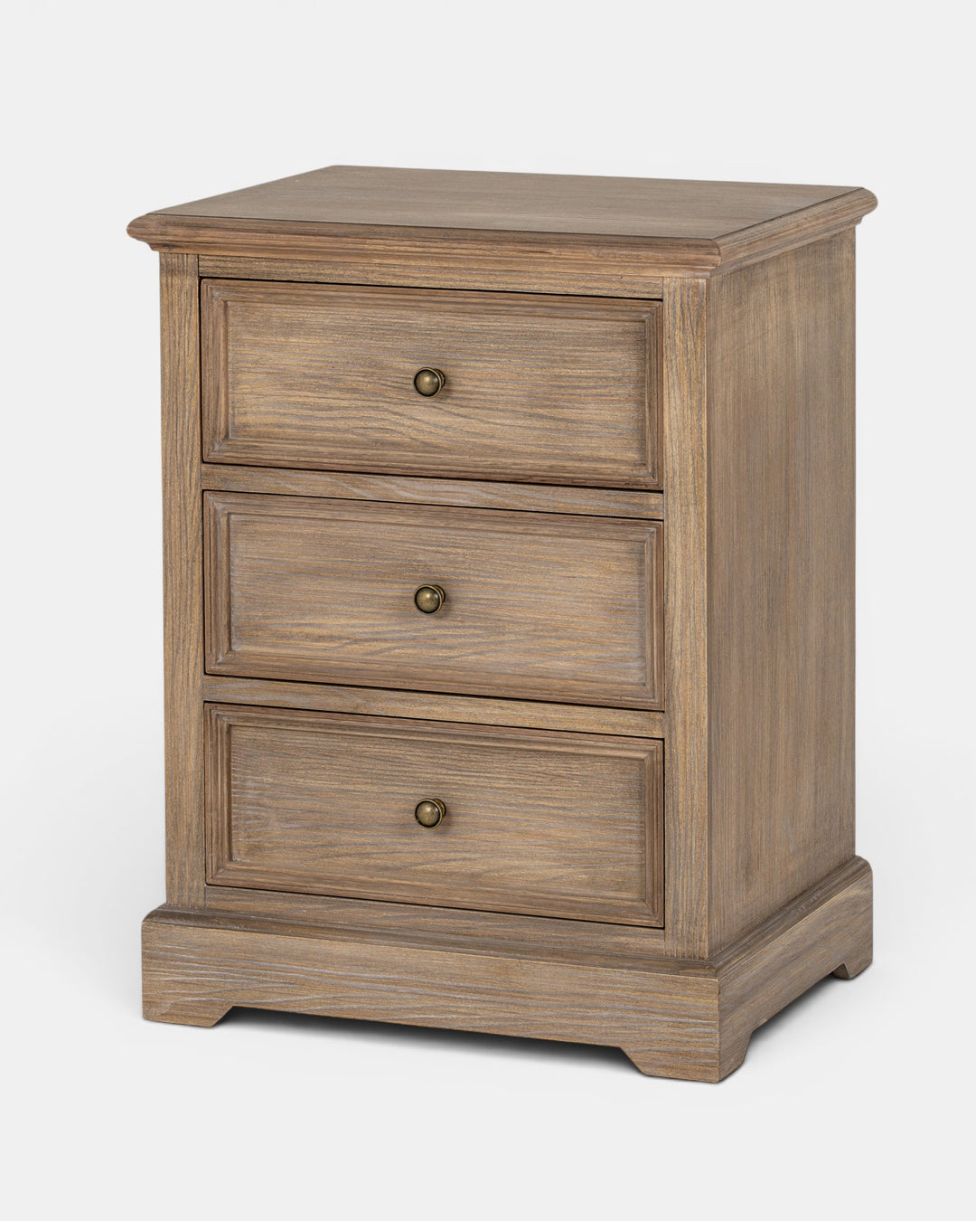Wooden nightstand with three drawers on a white background