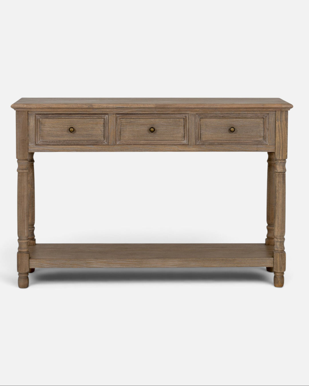 Byretto Mercer console table in a rustic wood finish with three drawers, turned legs, and an open lower shelf.