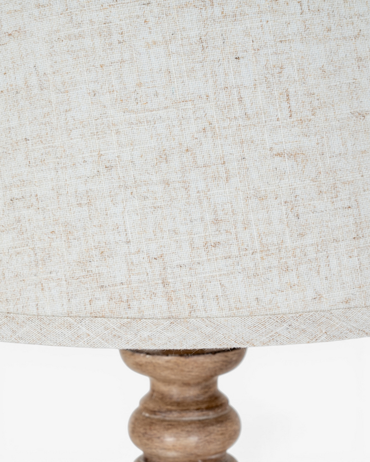 Close-up of a textured lampshade with a wooden base on a white background