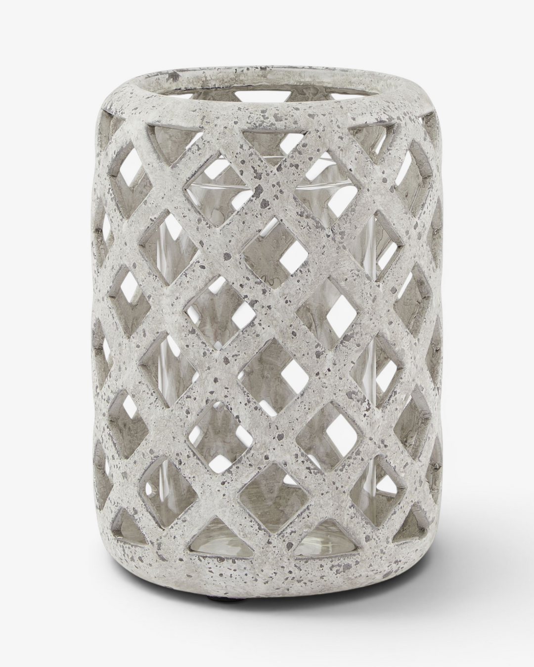 Cylindrical concrete lantern with lattice design on a white background