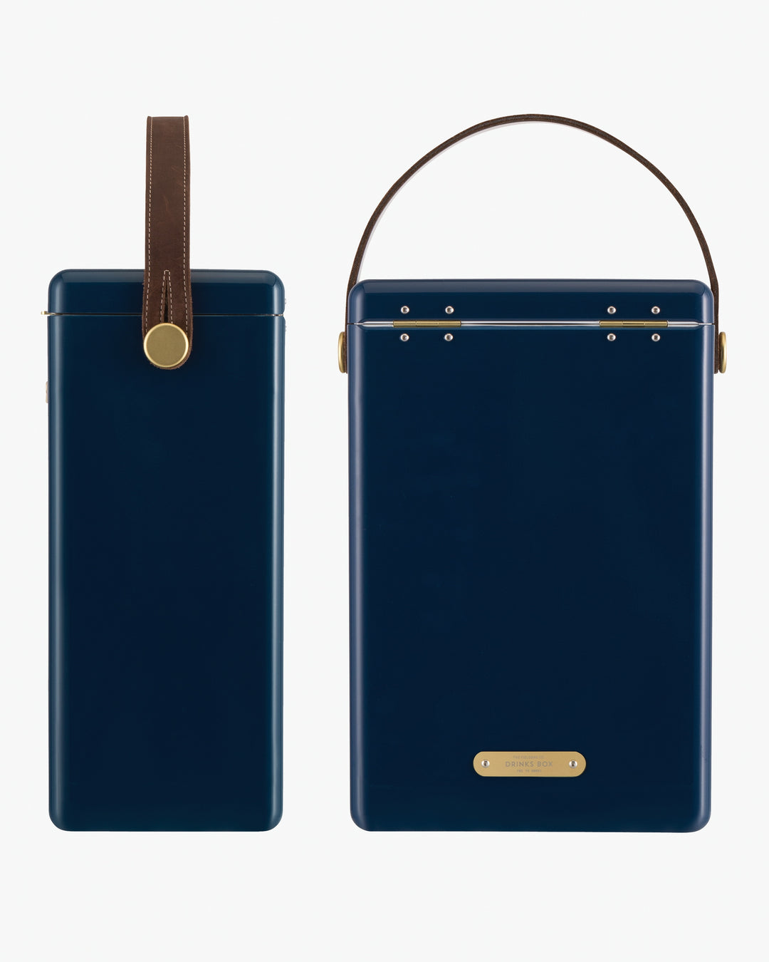 Two blue drinks cooler boxes with brown handles on a white background