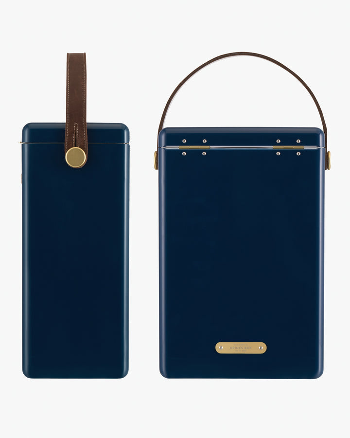 Two blue drinks cooler boxes with brown handles on a white background