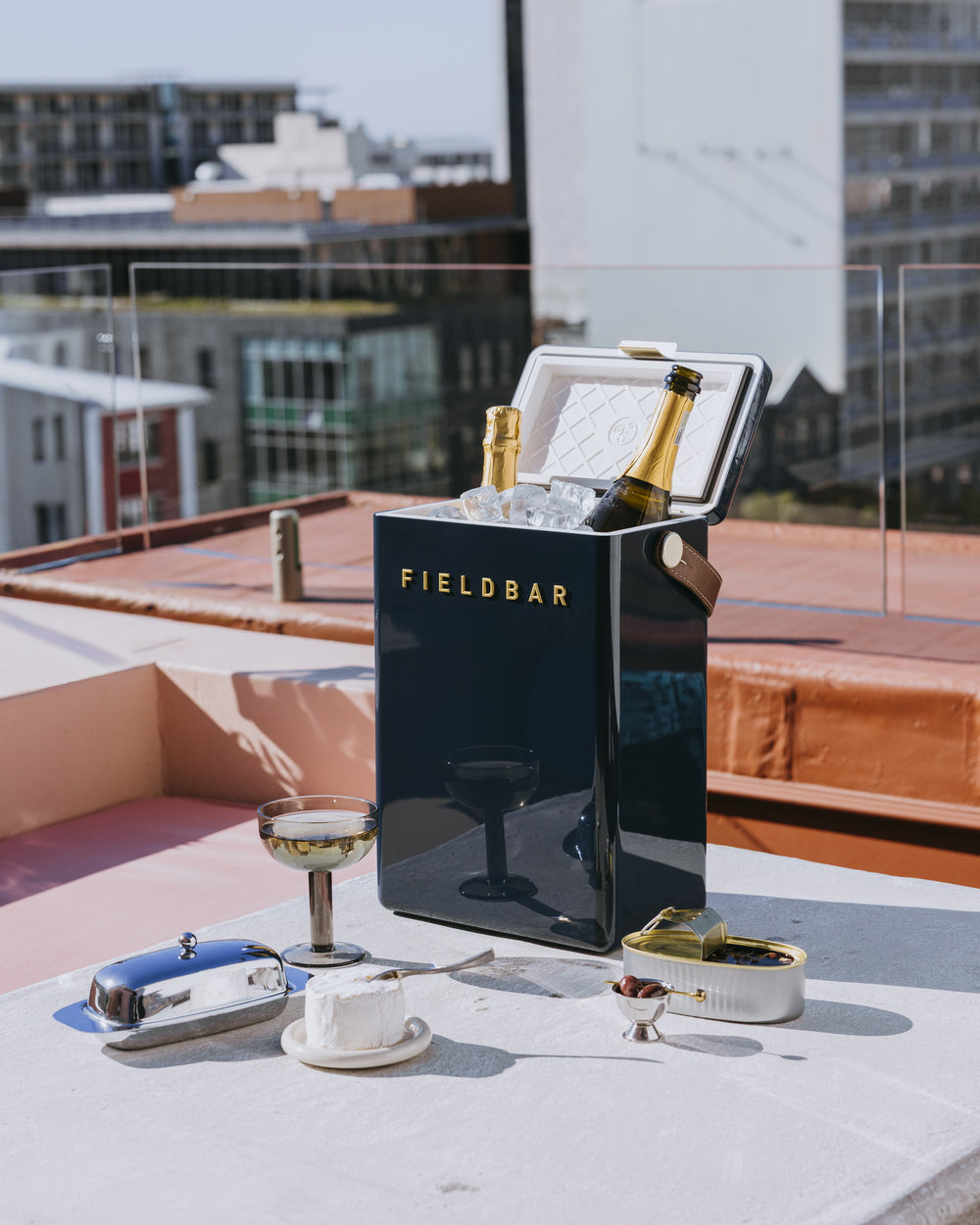 Fieldbar ice drinks cooler box on a rooftop with cityscape background