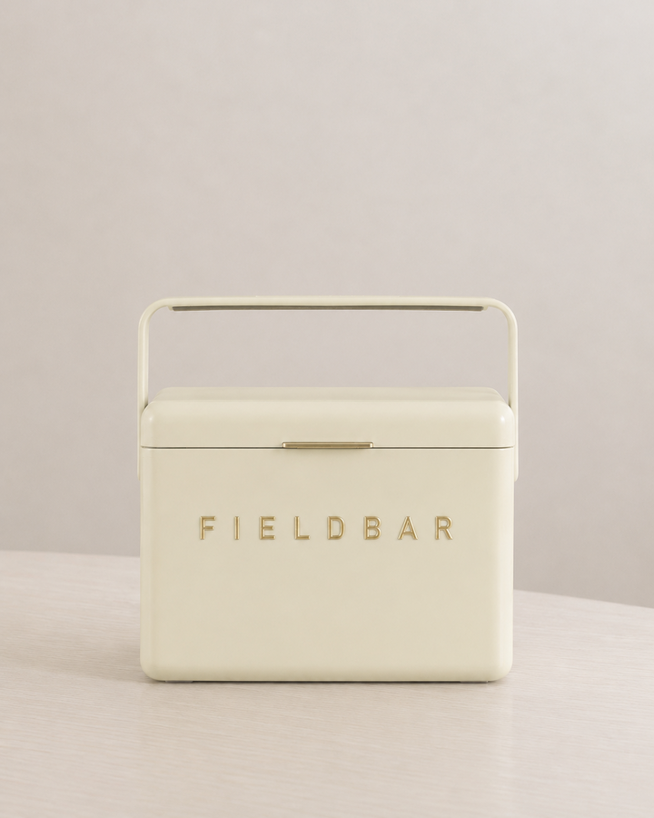 Cream-colored box with 'FIELDBAR' branding on a beige background