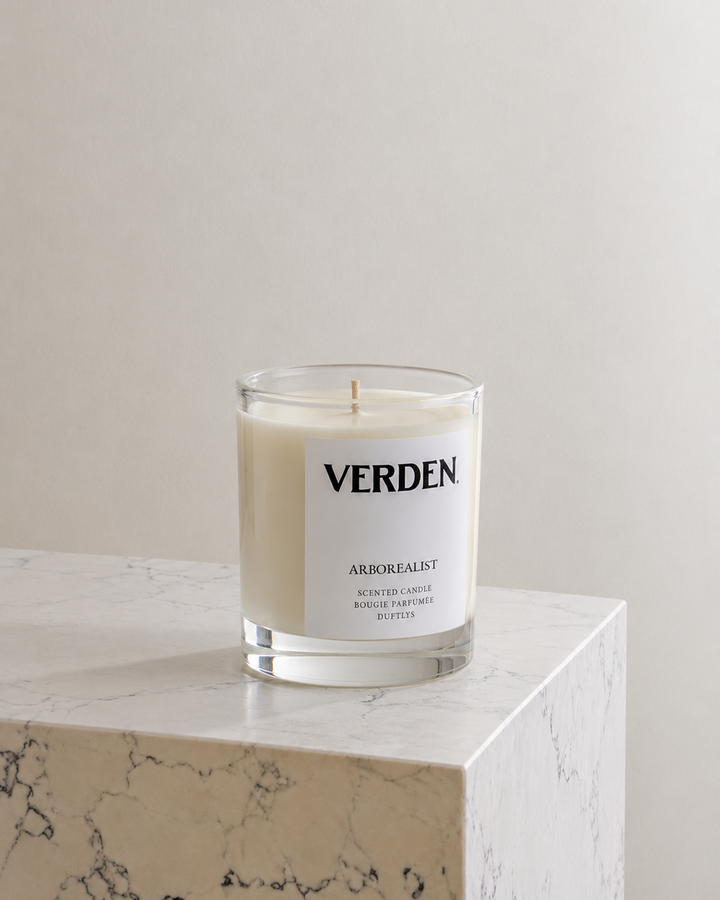 Verden candle on marble stand with neutral background