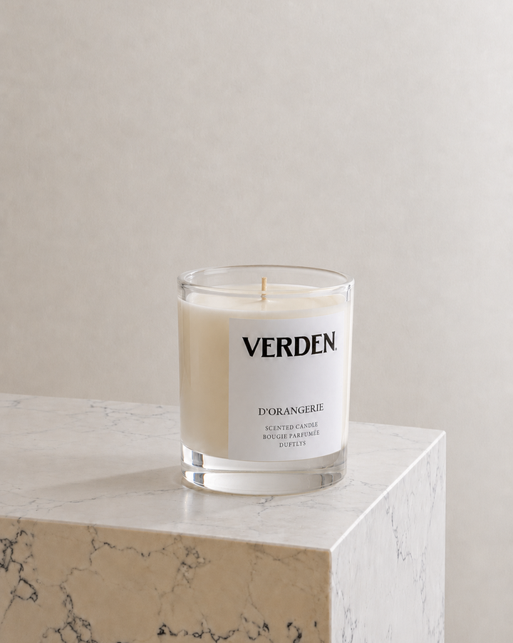 Verden candle on marble stand with neutral background