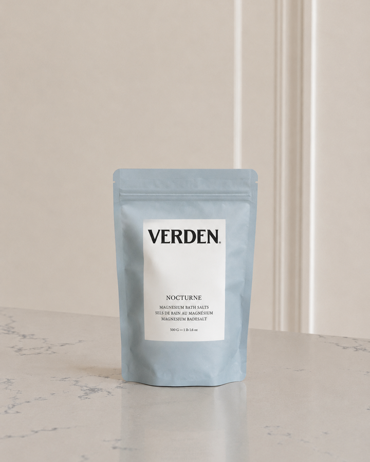 Verden Nocturne bath salt package on a marble surface with a neutral background
